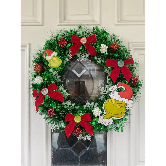 Handmade Other - 16" Grinch Ornament Christmas Tinsel Wreath Winter Front Door Hanger Home Decor